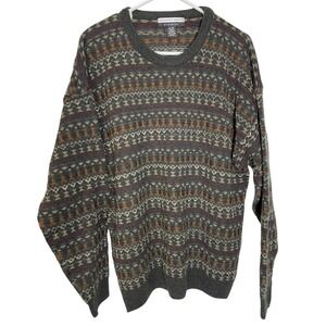 Geoffrey Beene XL Gray Fair Isle Knit Crewneck Sweater Earth Tone Grandpa Core